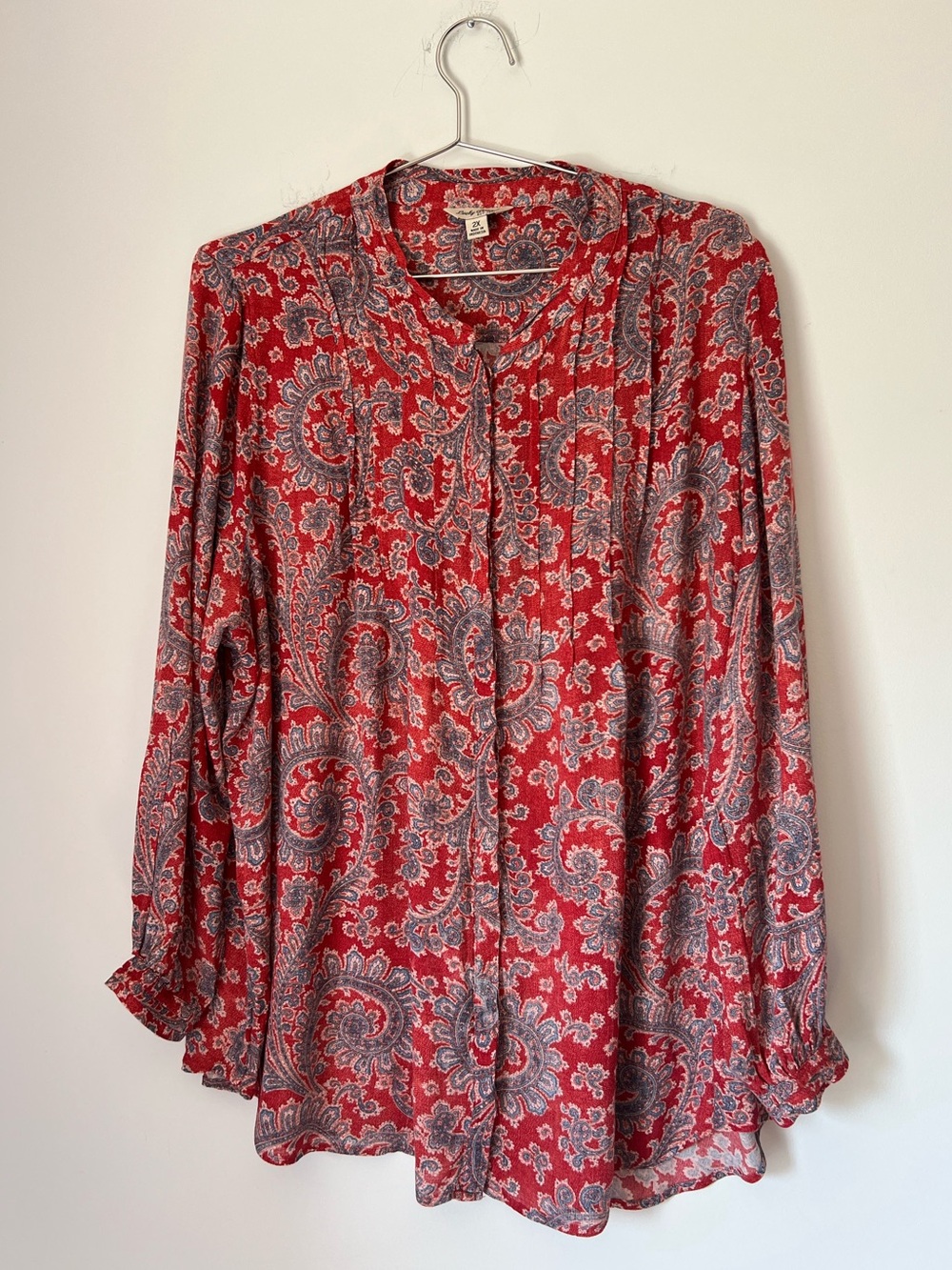 Lucky Brand Red Paisley Boho Flowy Button Up Blouse 2X